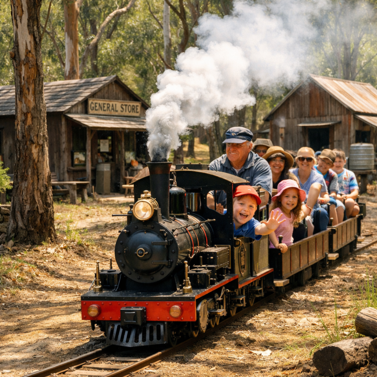 Miniature steam train ride at Timbertown Wauchope pioneer village near Port Macquarie