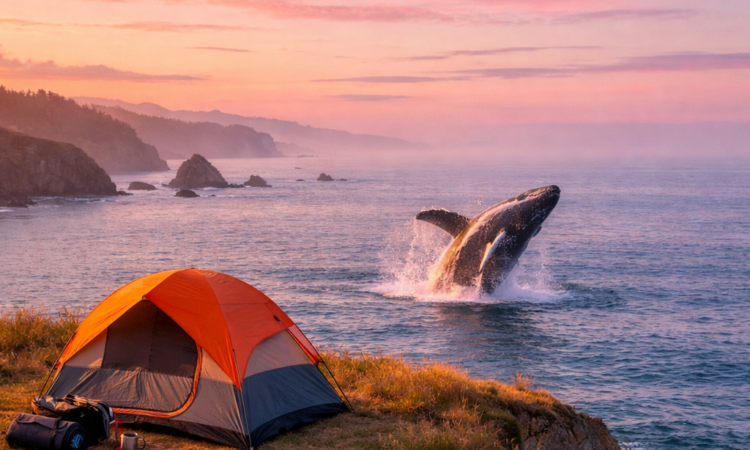 Diamond Head camping clifftop with whale breaching offshore at sunrise in Crowdy Bay National Park