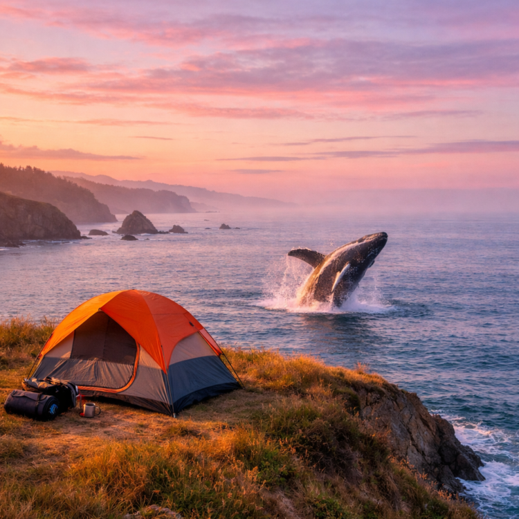 Diamond Head camping clifftop with whale breaching offshore at sunrise in Crowdy Bay National Park