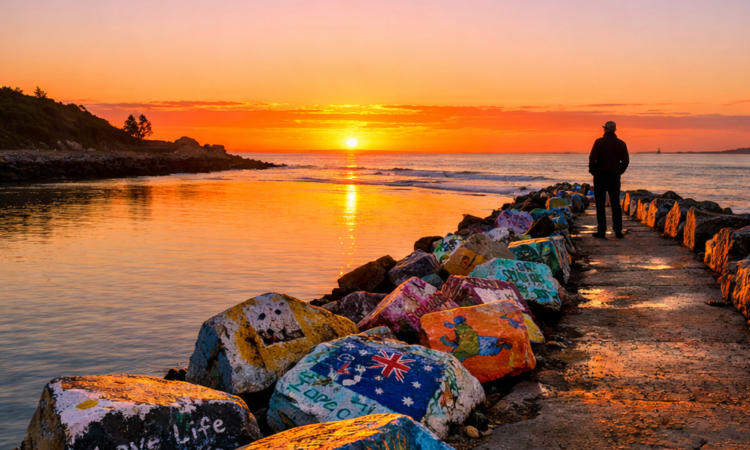 Sunrise at Port Macquarie Breakwall with painted rocks and river mouth view