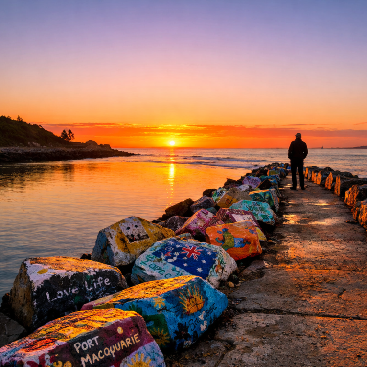 Sunrise at Port Macquarie Breakwall with painted rocks and river mouth view