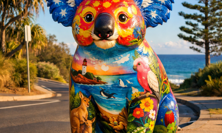 Hand-painted koala sculpture on Hello Koalas Sculpture Trail Port Macquarie with coastal backdrop