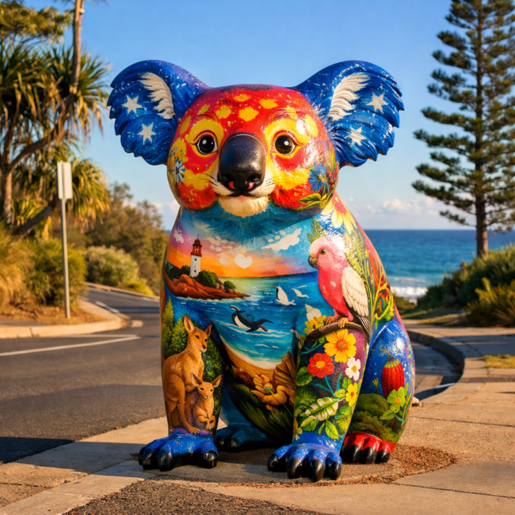 Hand-painted koala sculpture on Hello Koalas Sculpture Trail Port Macquarie with coastal backdrop
