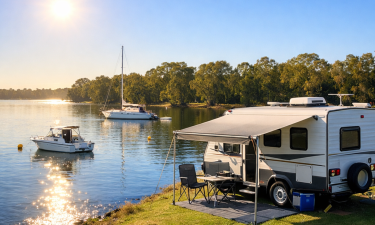 Caravan at waterfront park on Hastings River, Port Macquarie with boats and morning light