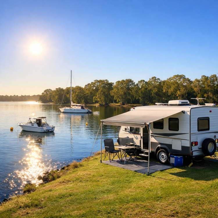 Caravan at waterfront park on Hastings River, Port Macquarie with boats and morning light