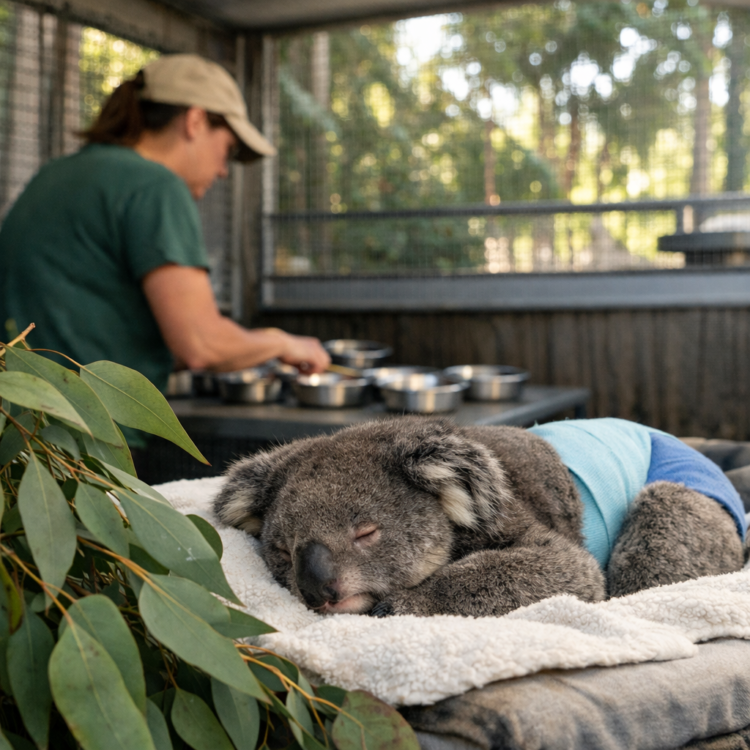 Koala in recovery enclosure at Port Macquarie Koala Hospital with eucalyptus branches