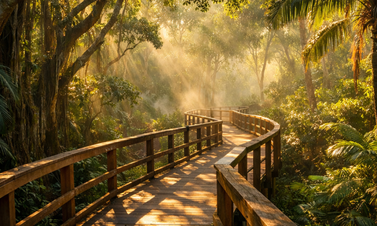 Elevated boardwalk through Sea Acres coastal rainforest at dawn, Port Macquarie