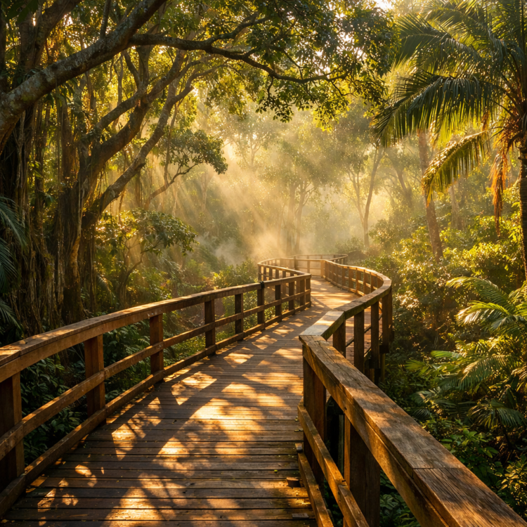 Elevated boardwalk through Sea Acres coastal rainforest at dawn, Port Macquarie