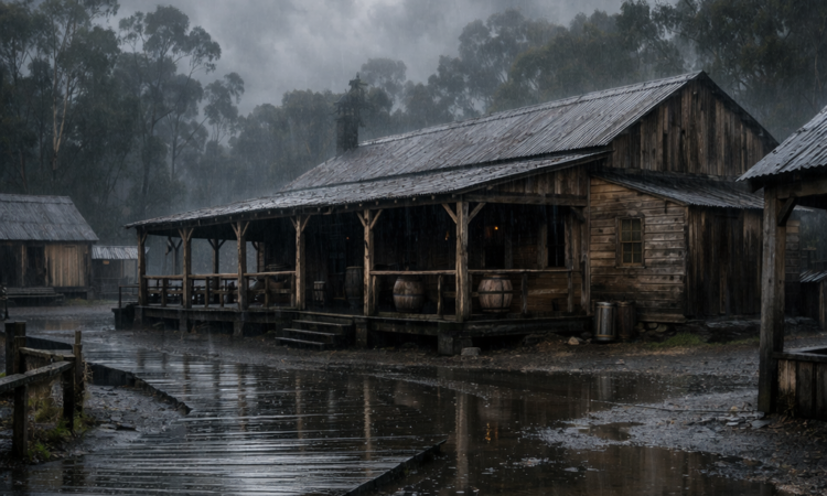 Wet timber heritage buildings at Timbertown Wauchope on a rainy day with forest backdrop