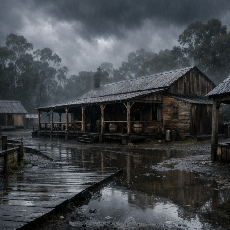 Wet timber heritage buildings at Timbertown Wauchope on a rainy day with forest backdrop