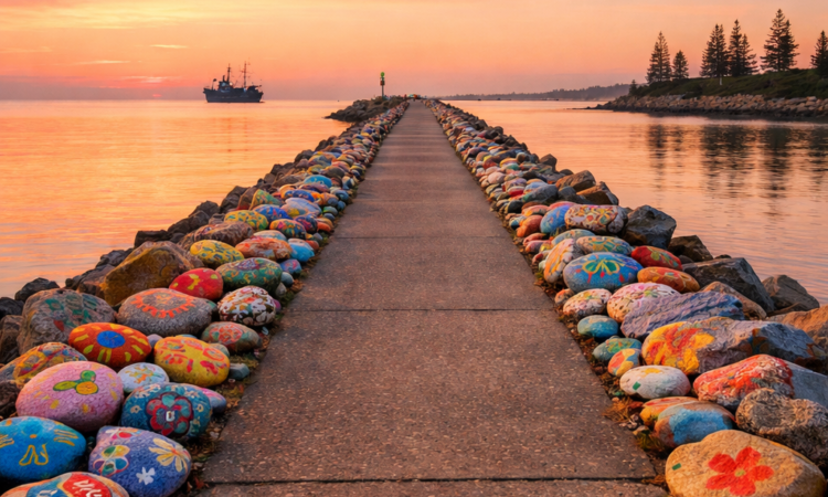 Sunrise at Port Macquarie Breakwall with painted rocks and golden light on the Hastings River