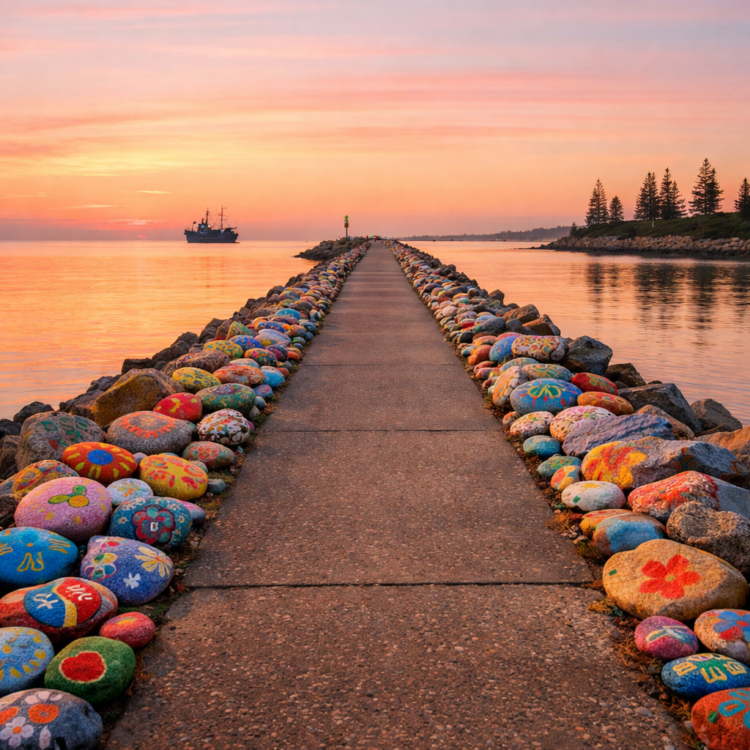 Sunrise at Port Macquarie Breakwall with painted rocks and golden light on the Hastings River