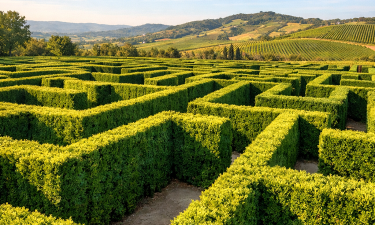 Aerial view of the Bago Maze hedge pathways near Port Macquarie with vineyard countryside