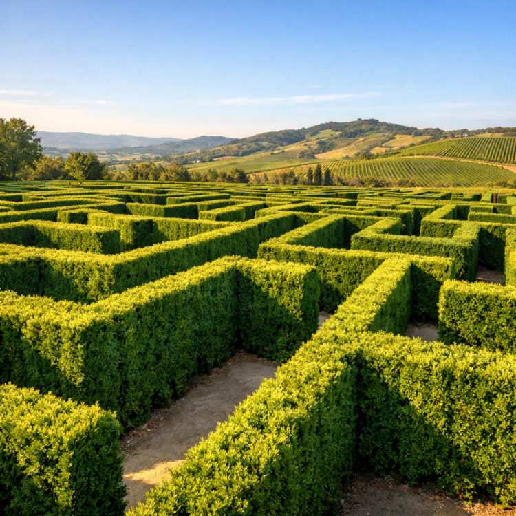 Aerial view of the Bago Maze hedge pathways near Port Macquarie with vineyard countryside