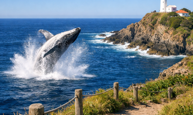 Whale breaching near Tacking Point Lighthouse on Port Macquarie weekend itinerary coastal walk