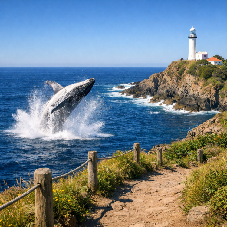 Whale breaching near Tacking Point Lighthouse on Port Macquarie weekend itinerary coastal walk