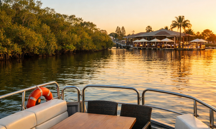 River cruise boat on Hastings River approaching waterfront brewery in Port Macquarie