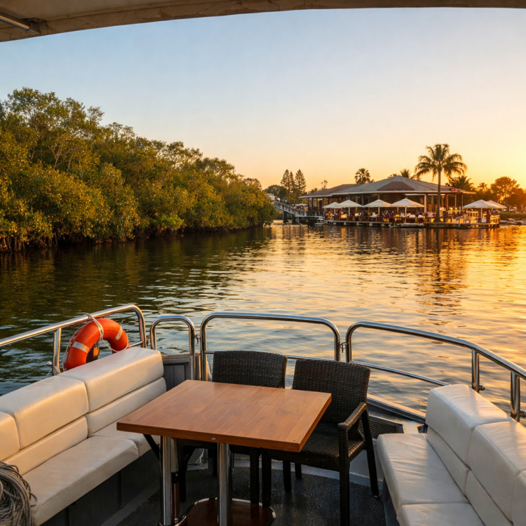 River cruise boat on Hastings River approaching waterfront brewery in Port Macquarie