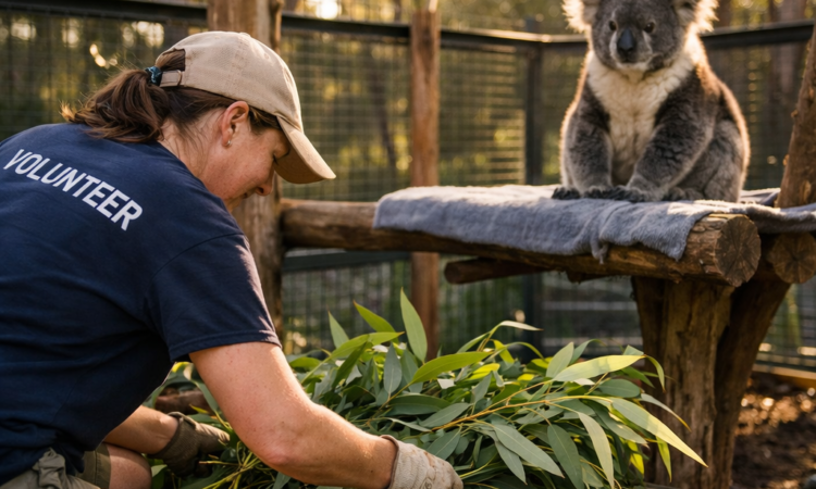 Volunteer preparing eucalyptus at Port Macquarie Koala Hospital during afternoon tour