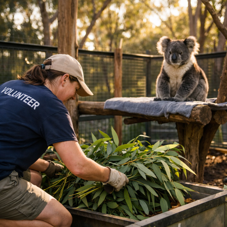 Volunteer preparing eucalyptus at Port Macquarie Koala Hospital during afternoon tour