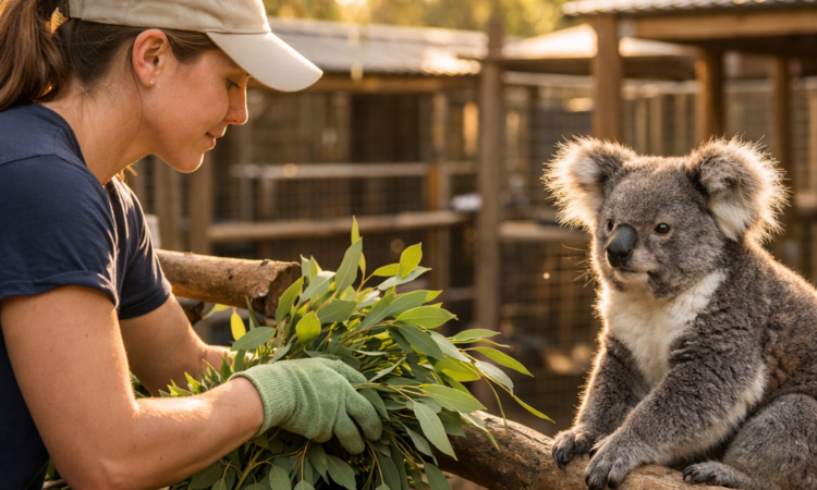 Volunteer delivering eucalyptus branches to recovering koala at Port Macquarie Koala Hospital feeding time