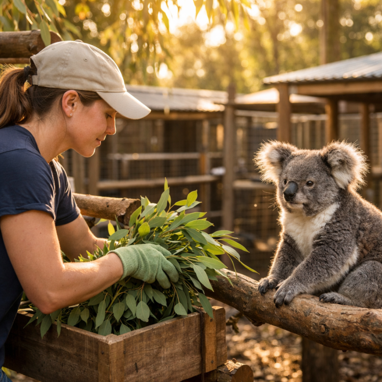 Volunteer delivering eucalyptus branches to recovering koala at Port Macquarie Koala Hospital feeding time