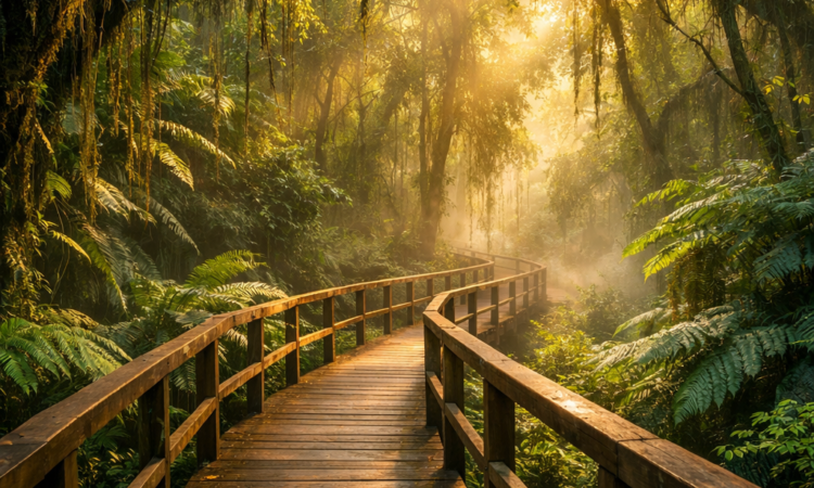 Sea Acres Rainforest Centre boardwalk at dawn with sunlight filtering through green canopy