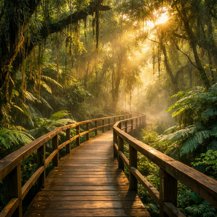 Sea Acres Rainforest Centre boardwalk at dawn with sunlight filtering through green canopy