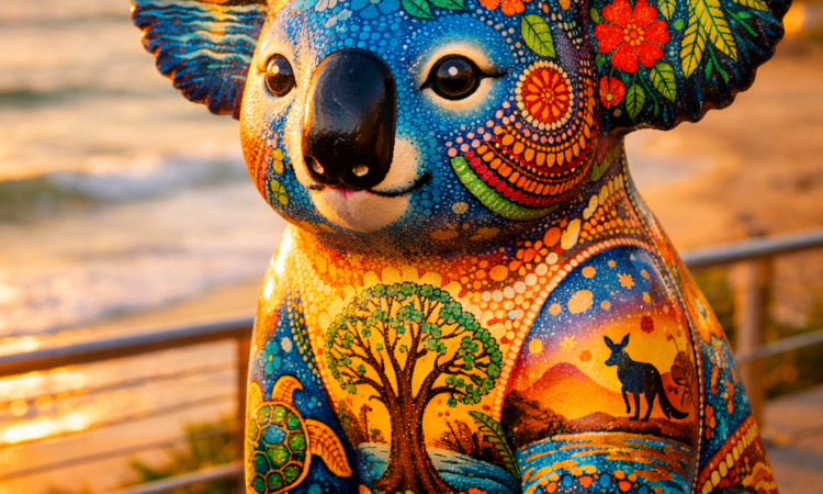 Hand-painted koala sculpture on Hello Koalas Sculpture Trail with Port Macquarie beach backdrop