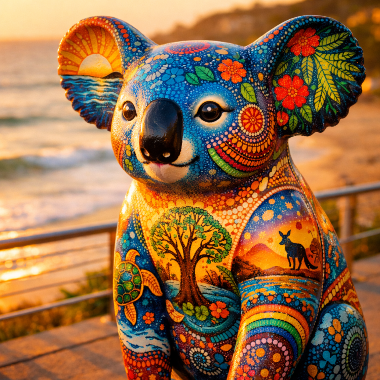 Hand-painted koala sculpture on Hello Koalas Sculpture Trail with Port Macquarie beach backdrop