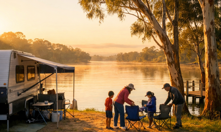 Caravan at waterfront site on Hastings River in Port Macquarie at sunrise