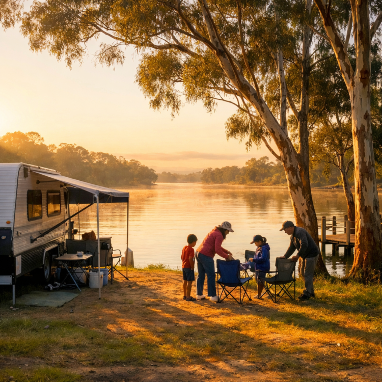 Caravan at waterfront site on Hastings River in Port Macquarie at sunrise