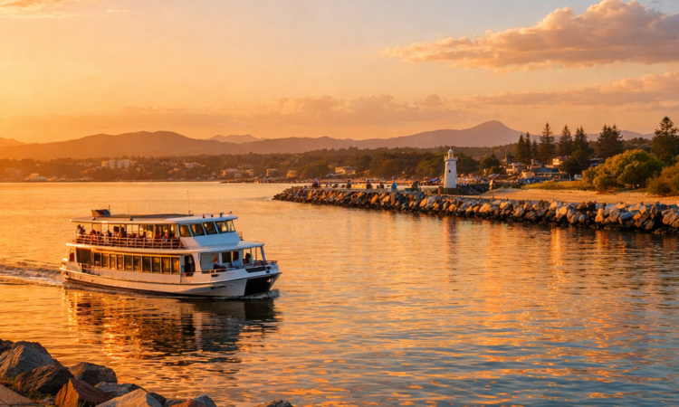 Sunset cruise on the Port Macquarie Hastings River near the breakwall at golden hour