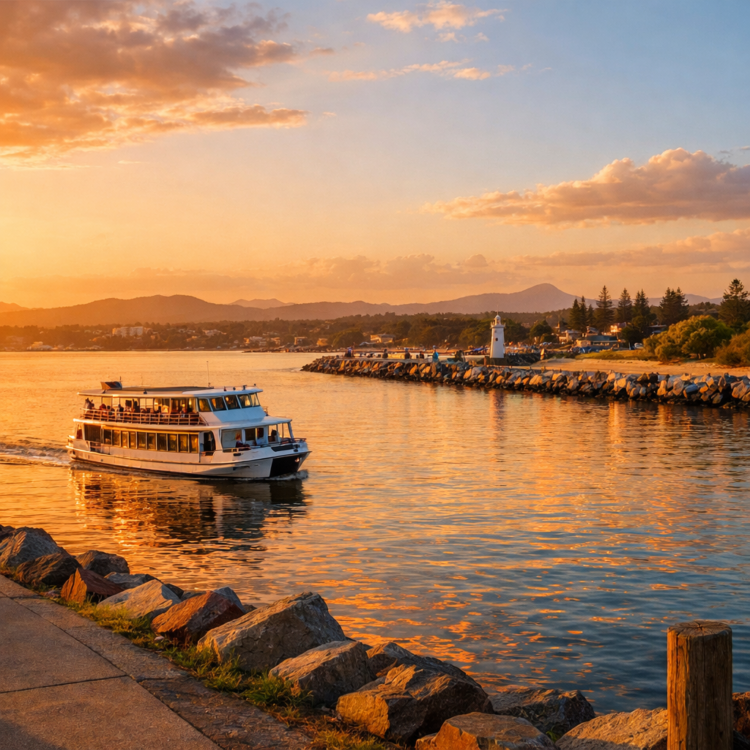 Sunset cruise on the Port Macquarie Hastings River near the breakwall at golden hour
