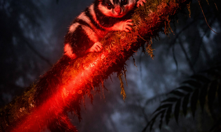 Red torchlight revealing a possum on a rainforest branch during night walks in Daintree Rainforest