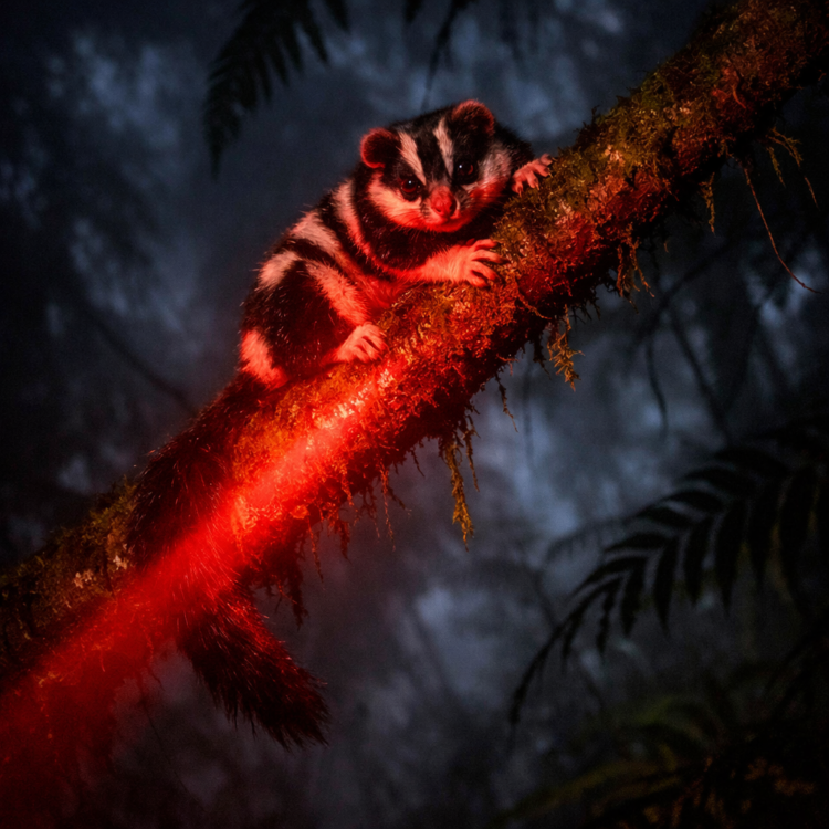 Red torchlight revealing a possum on a rainforest branch during night walks in Daintree Rainforest