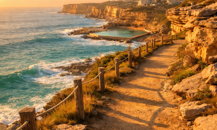 Sunrise over the Bondi to Coogee coastal walk clifftop path with ocean views and golden light