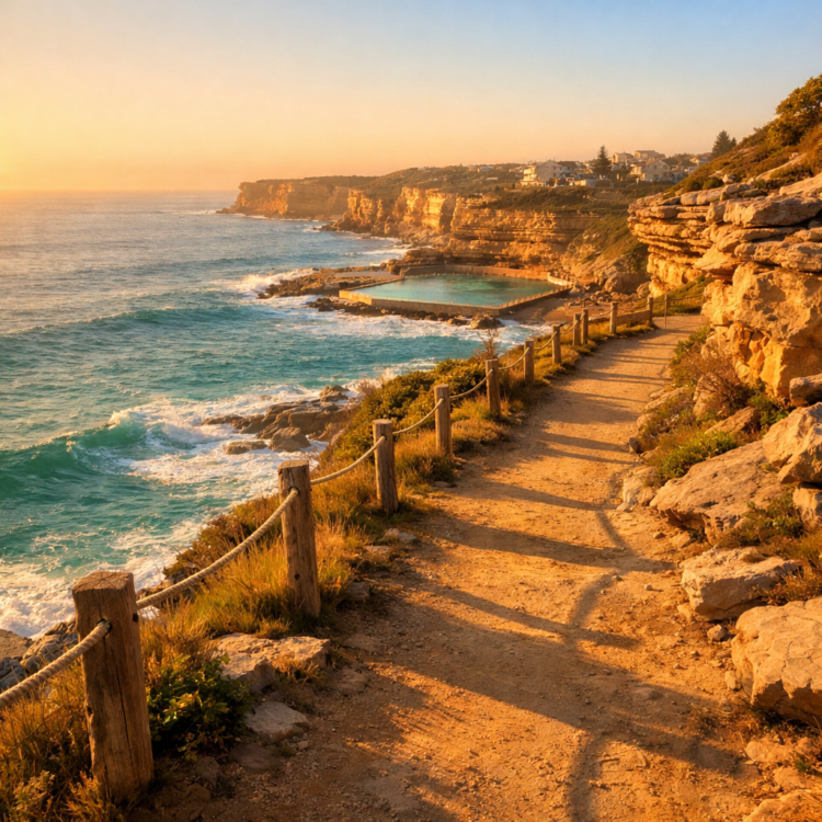 Sunrise over the Bondi to Coogee coastal walk clifftop path with ocean views and golden light