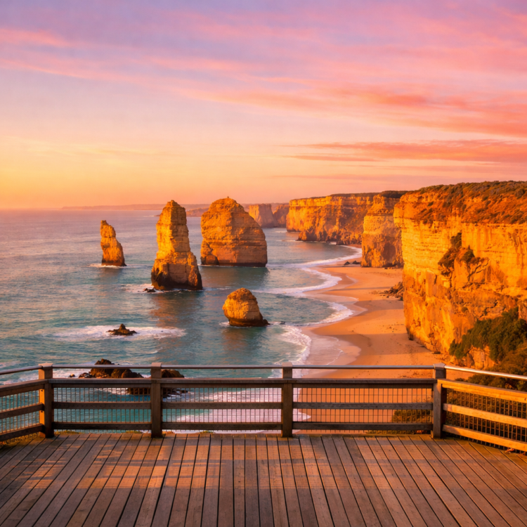 Twelve Apostles at sunrise on the Great Ocean Road with golden light and empty viewing platform
