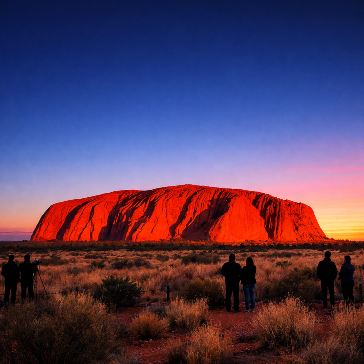 Uluru glowing orange at sunrise with visitors watching from viewing area in Red Centre