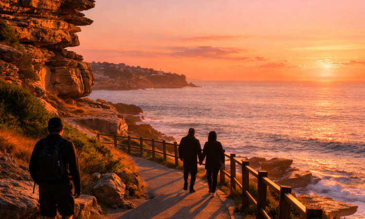 Sunrise over the Bondi to Coogee coastal walk with golden light on clifftops and ocean