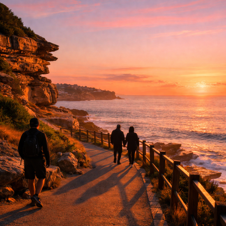 Sunrise over the Bondi to Coogee coastal walk with golden light on clifftops and ocean