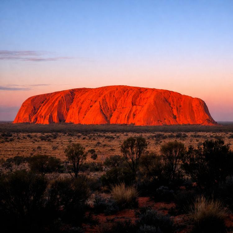Uluru glowing orange at sunrise viewed from Talinguru Nyakunytjaku platform in Red Centre