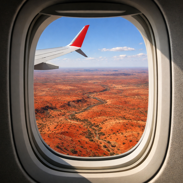 Aerial view of Australian Outback from plane window showing vast red desert landscape