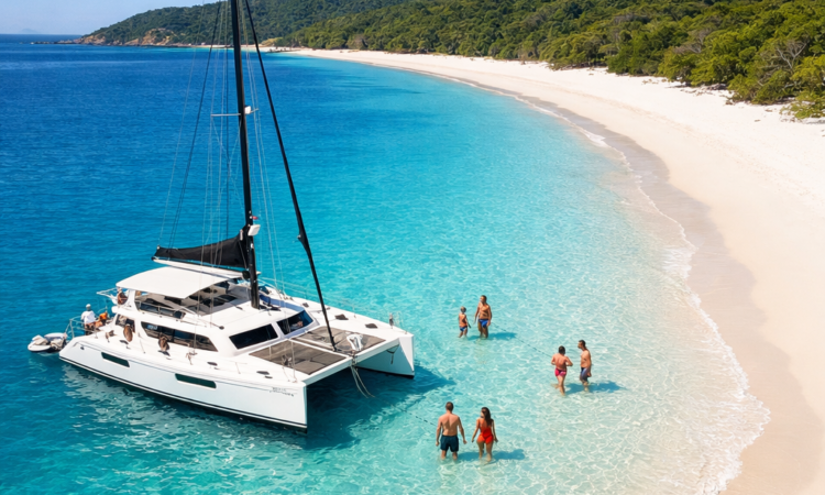 Sailing catamaran anchored off Whitehaven Beach showing white silica sand and turquoise Whitsundays water