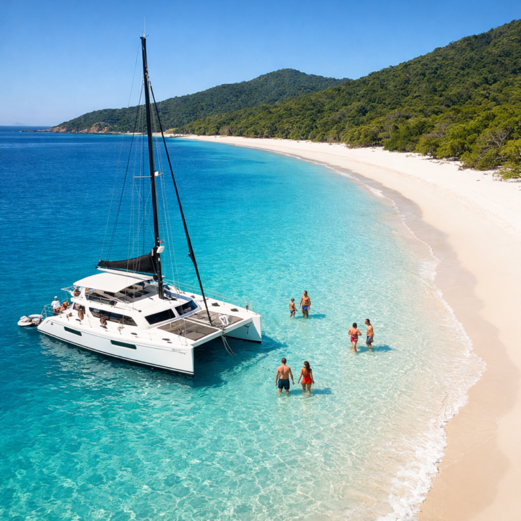 Sailing catamaran anchored off Whitehaven Beach showing white silica sand and turquoise Whitsundays water