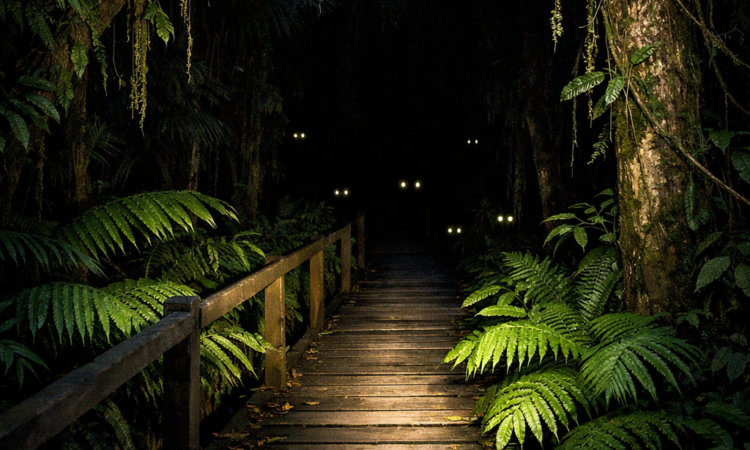 Torch-lit boardwalk through Daintree rainforest at night showing dense tropical vegetation