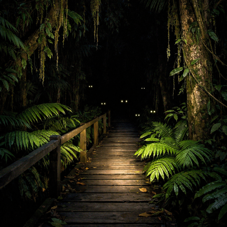 Torch-lit boardwalk through Daintree rainforest at night showing dense tropical vegetation