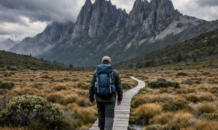 Hiker on boardwalk trail through buttongrass plains with mountains, hiking Tasmania's Overland Track