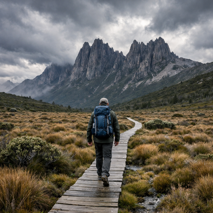 Hiker on boardwalk trail through buttongrass plains with mountains, hiking Tasmania's Overland Track